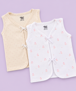 Front Knot Sleeveless Jhabla (Pack of 2) - Light Pink with Pink Dot and White with Pink Rabbit - JH1