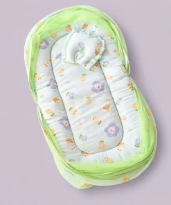 Foldable Muslin Bedding Set (82×45cm) - Light Blue with Flowers and White Duck - BS1