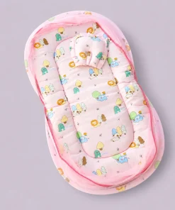 Foldable Muslin Bedding Set (82×45cm) - Pink with Trees and Animal  - BS1