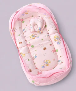 Foldable Muslin Bedding Set (82×45cm) - Pink with Cat and Friends  - BS1