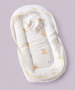 Foldable Muslin Bedding Set (82×45cm) - Off White with Light Brown Teddy   - BS1