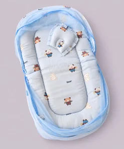 Foldable Muslin Bedding Set (82×45cm) - Blue with Bear - BS1