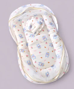 Foldable Muslin Bedding Set (82×45cm) - Off White with Blue Teddy - BS1