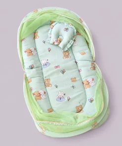 Foldable Muslin Bedding Set (82×45cm) - Green with Rabbit and Two Teddy - BS1
