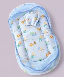 Foldable Muslin Bedding Set (82×45cm) - Blue with Animal and Tree - BS1