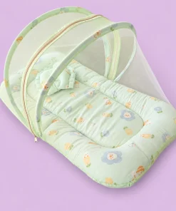 Alternative view of Foldable Muslin Bedding Set (82×45cm) - Light Blue with Flowers and White Duck - BS1