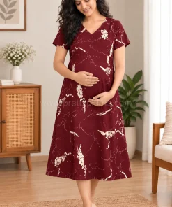 Maternity Feeding A-line Kurthy - Maroon with Cream Print  - MFK