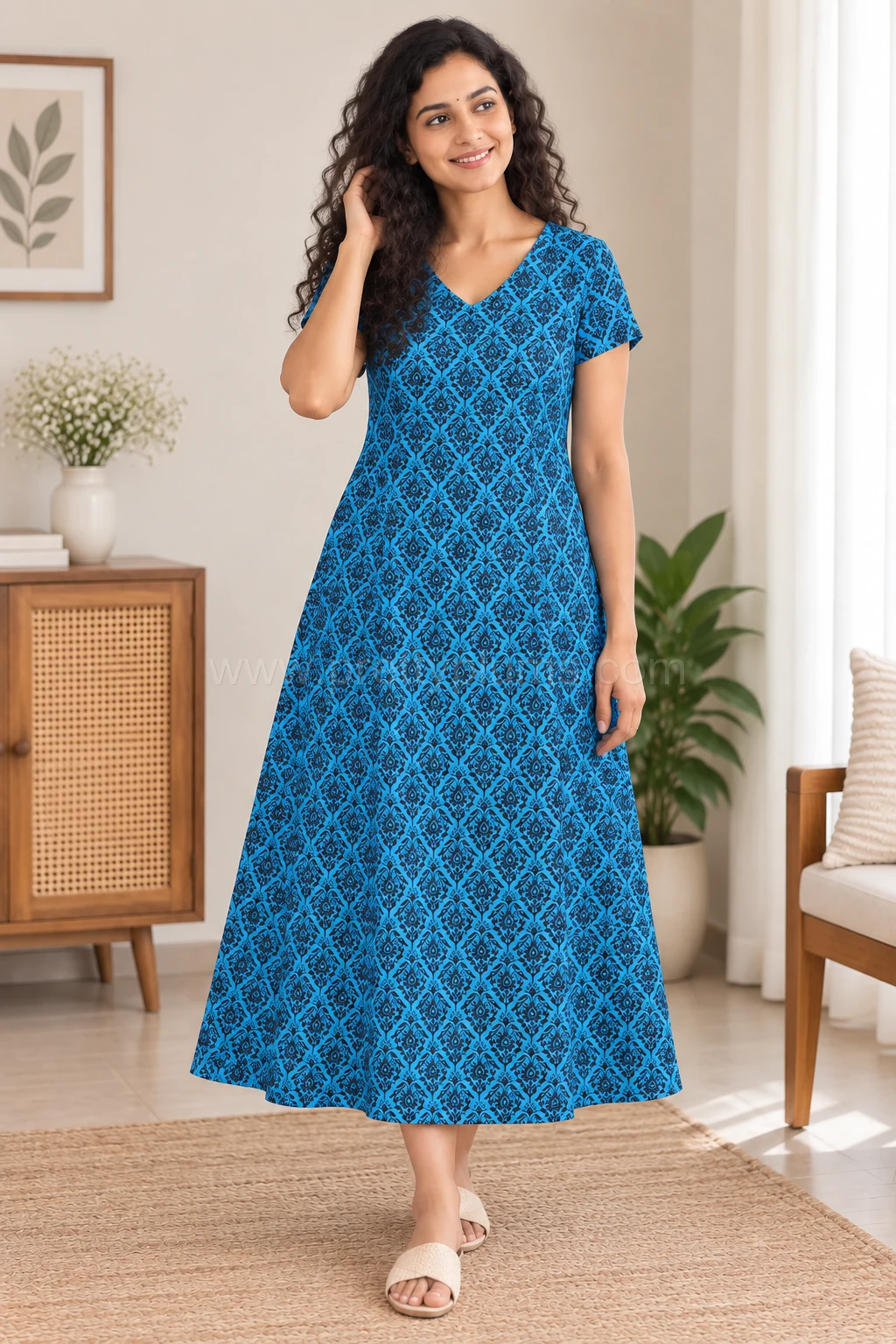 Maternity Feeding A-line Kurthy - Blue with Thick Floral Print - MFK