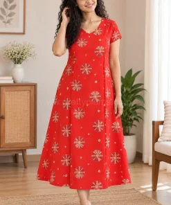 Maternity Feeding A-line Kurthy - Red with Round Print  - MFK