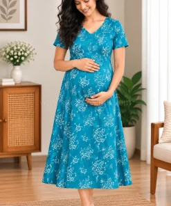 Maternity Feeding A-line Kurthy - Blue with White Floral Print  - MFK