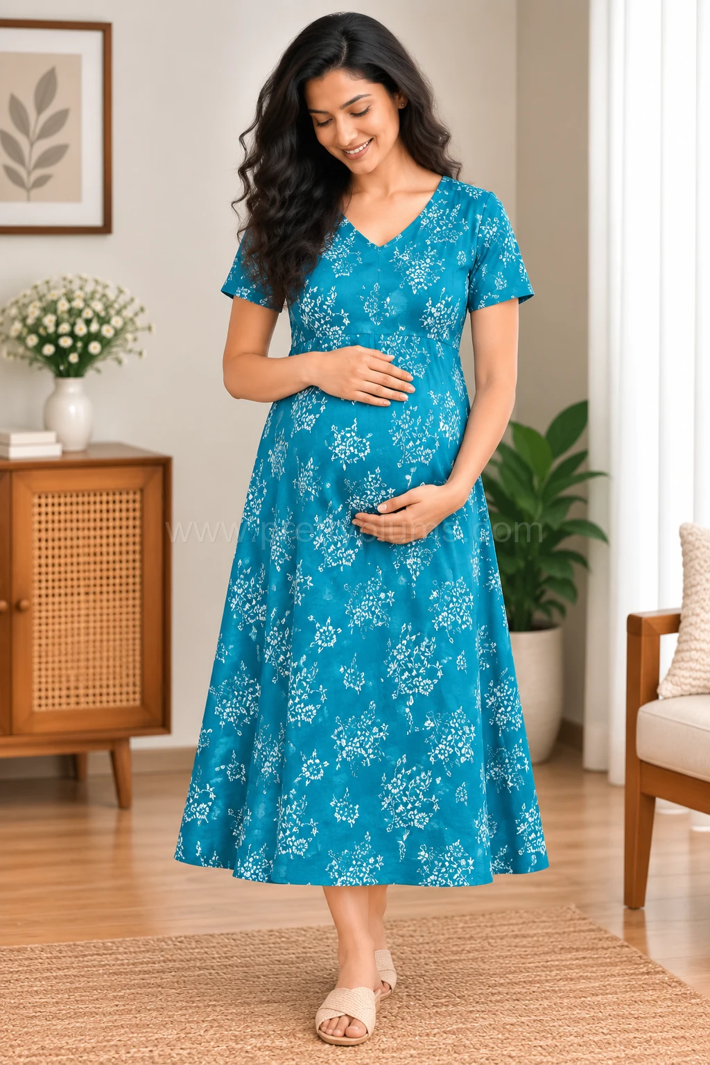 Maternity Feeding A-line Kurthy - Blue with White Floral Print - MFK