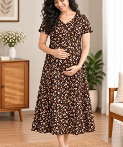 Maternity Feeding A-line Kurthy - Grape with Pink and White Floral - MFK