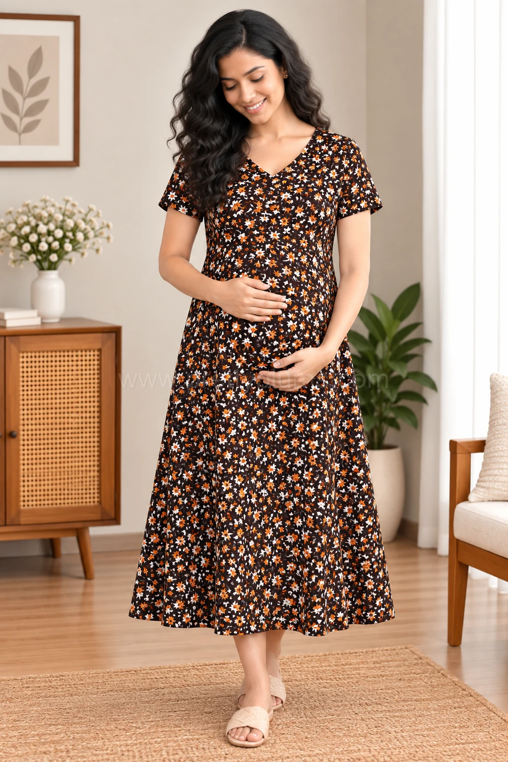 Maternity Feeding A-line Kurthy - Grape with Pink and White Floral - MFK