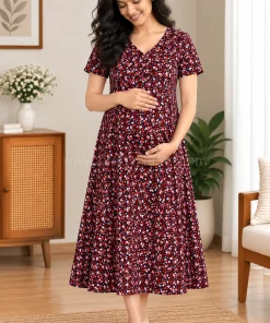 Maternity Feeding A-line Kurthy - Grape with Red and White Floral - MFK
