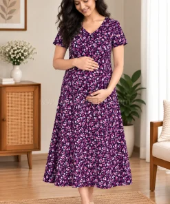 Maternity Feeding A-line Kurthy - Violet with White Floral - MFK