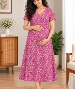 Maternity Feeding A-line Kurthy - Magenta with Grey and Yellow Floral - MFK