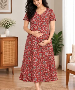 Maternity Feeding A-line Kurthy - Red with CreamFloral Print  - MFK