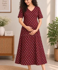 Maternity Feeding A-line Kurthy - Maroon Block Print - MFK