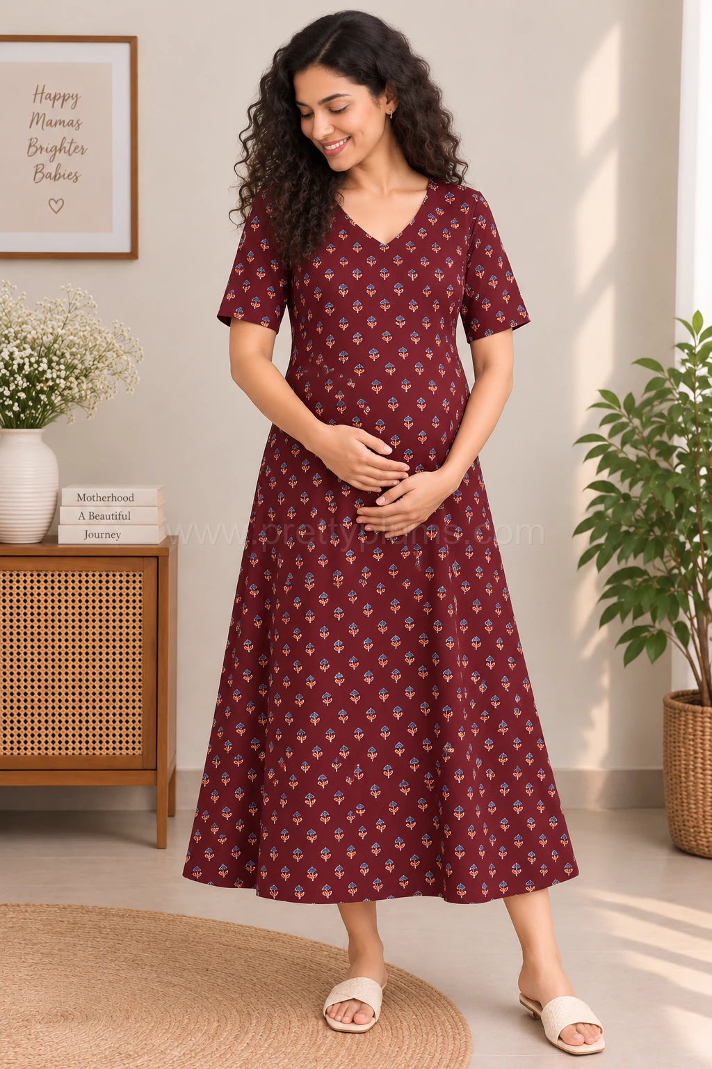 Maternity Feeding A-line Kurthy - Maroon Block Print - MFK