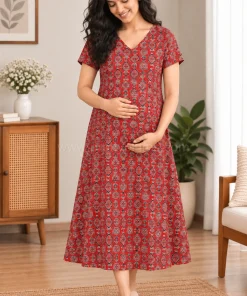 Maternity Feeding A-line Kurthy - Red with Cream Block Print- MFK