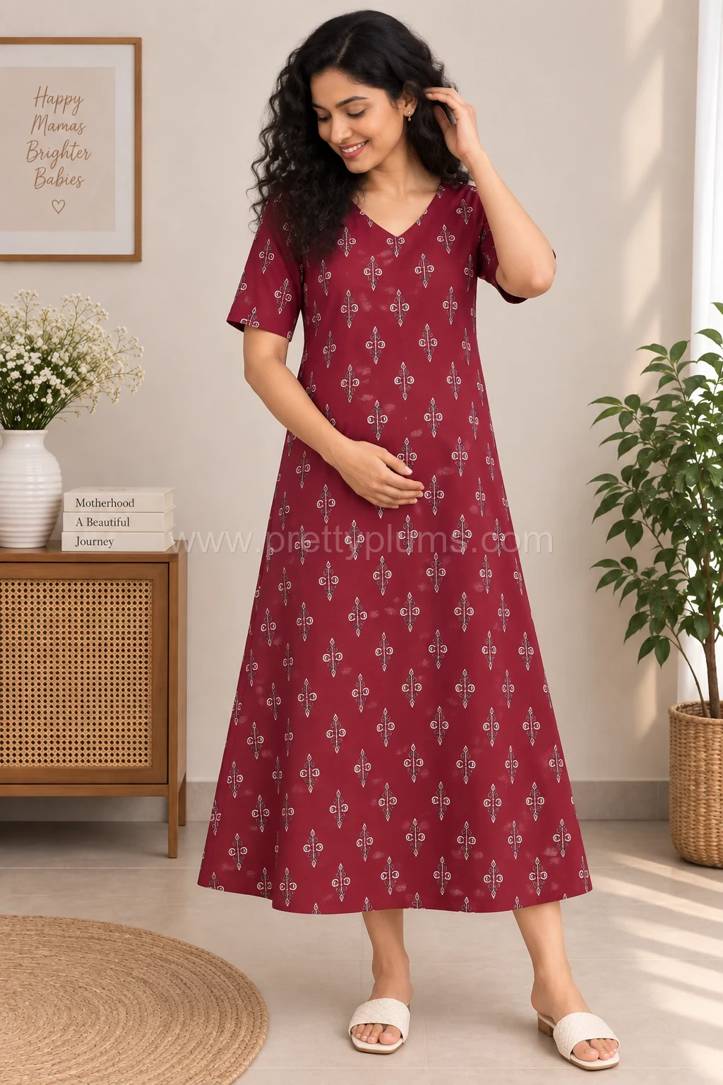 Maternity Feeding A-line Kurthy - Maroon Print - MFK