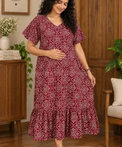 Maternity/ Feeding dress - PPMFK - Meroon with Doted Floral