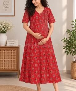Maternity Feeding A-line Kurthy - Red Print - MFK