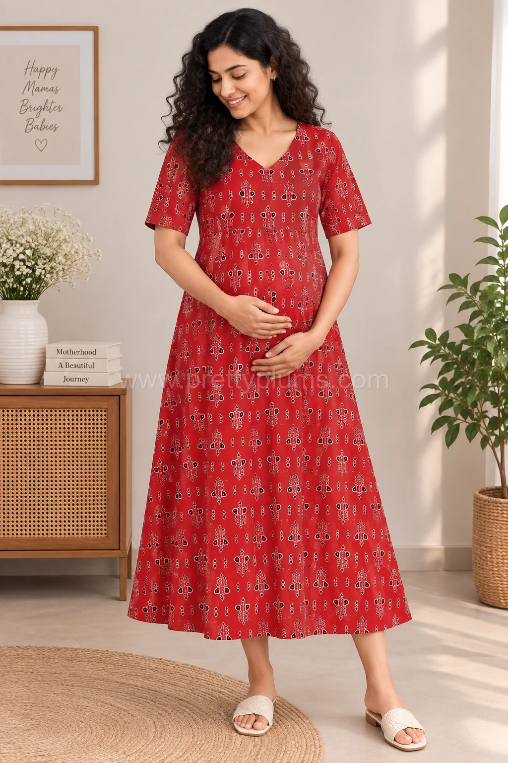 Maternity Feeding A-line Kurthy - Red Print - MFK