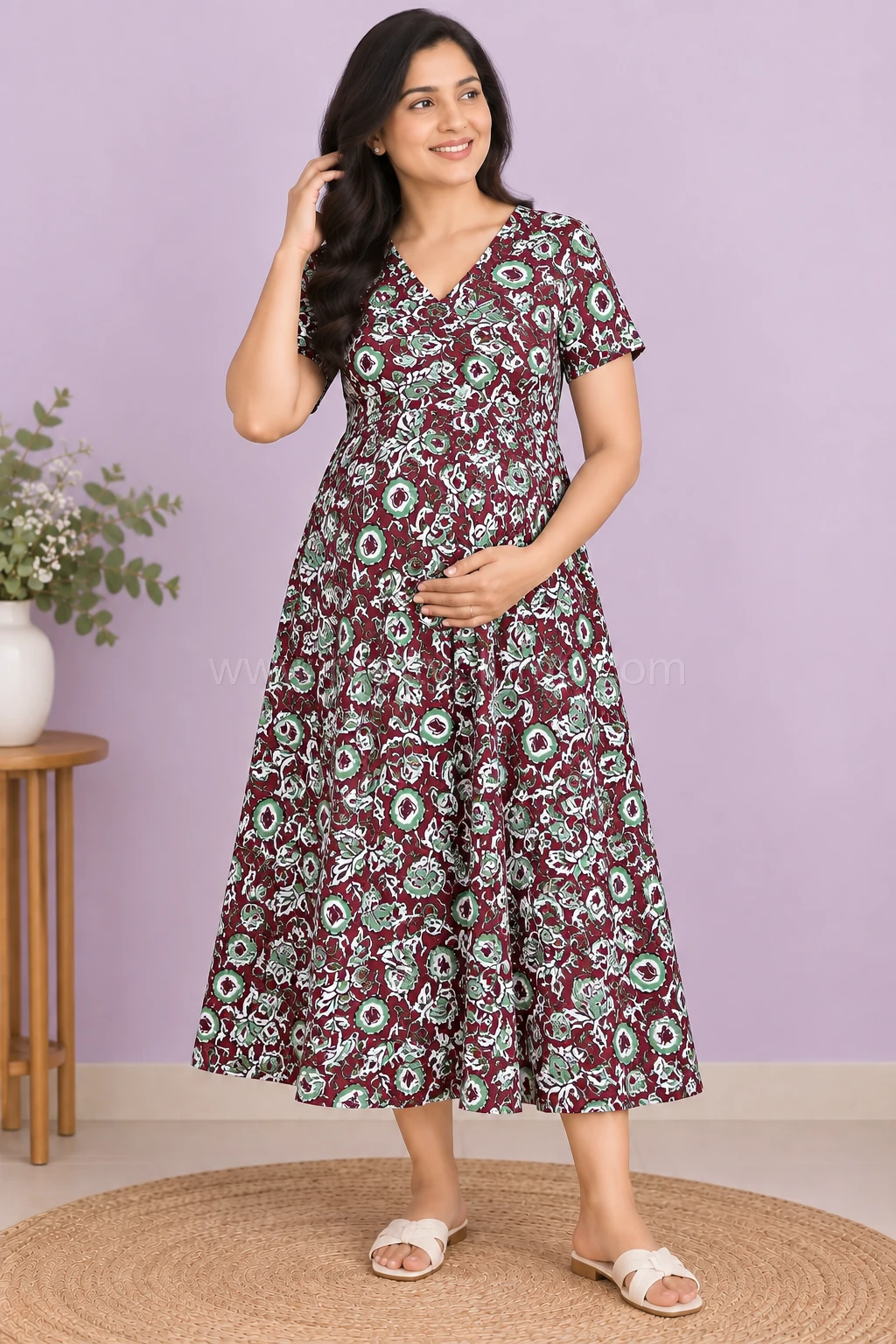 Maternity Feeding A-line Kurthy - Maroon with Thick Floral Print - MFK