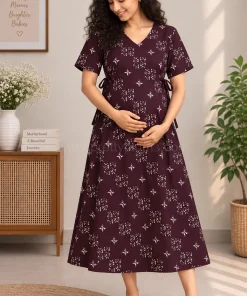 Maternity/ Feeding dress - PPMFK - Dark Violet with White Print