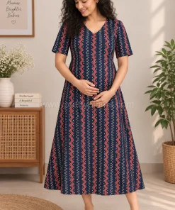 Maternity Feeding A-line Kurthy - Dark Blue Zigzag Print - MFK