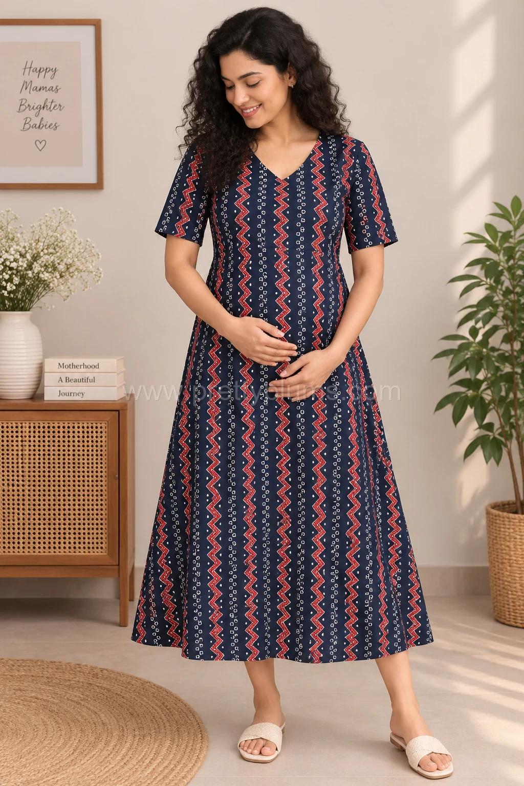 Maternity Feeding A-line Kurthy - Dark Blue Zigzag Print - MFK
