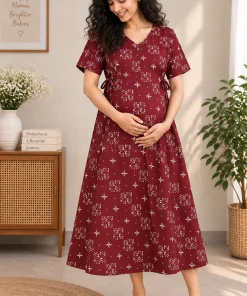 Maternity/ Feeding dress - PPMFK - Maroon with White Print