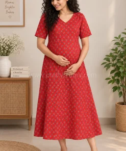 Maternity Feeding A-line Kurthy - Red Triangle Print - MFK