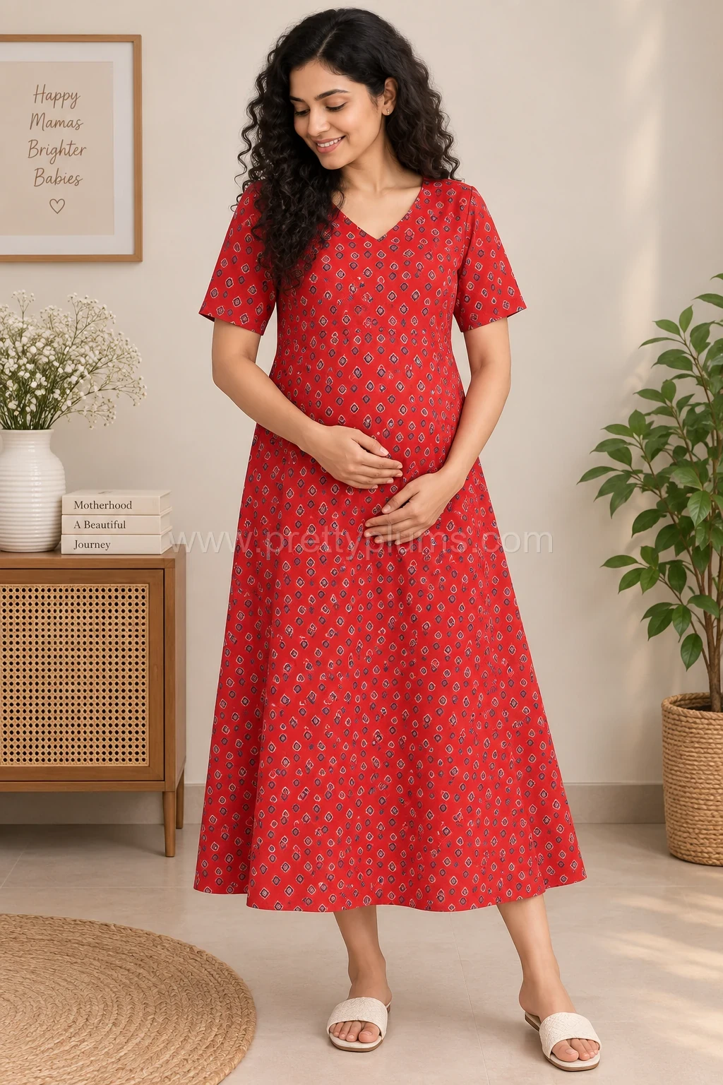 Maternity Feeding A-line Kurthy - Red Triangle Print - MFK