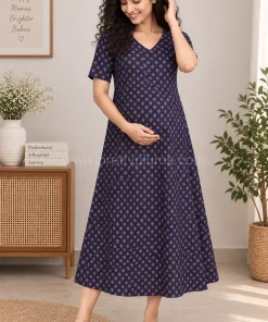 Maternity Feeding A-line Kurthy - Navy Blue Triangle Print - MFK