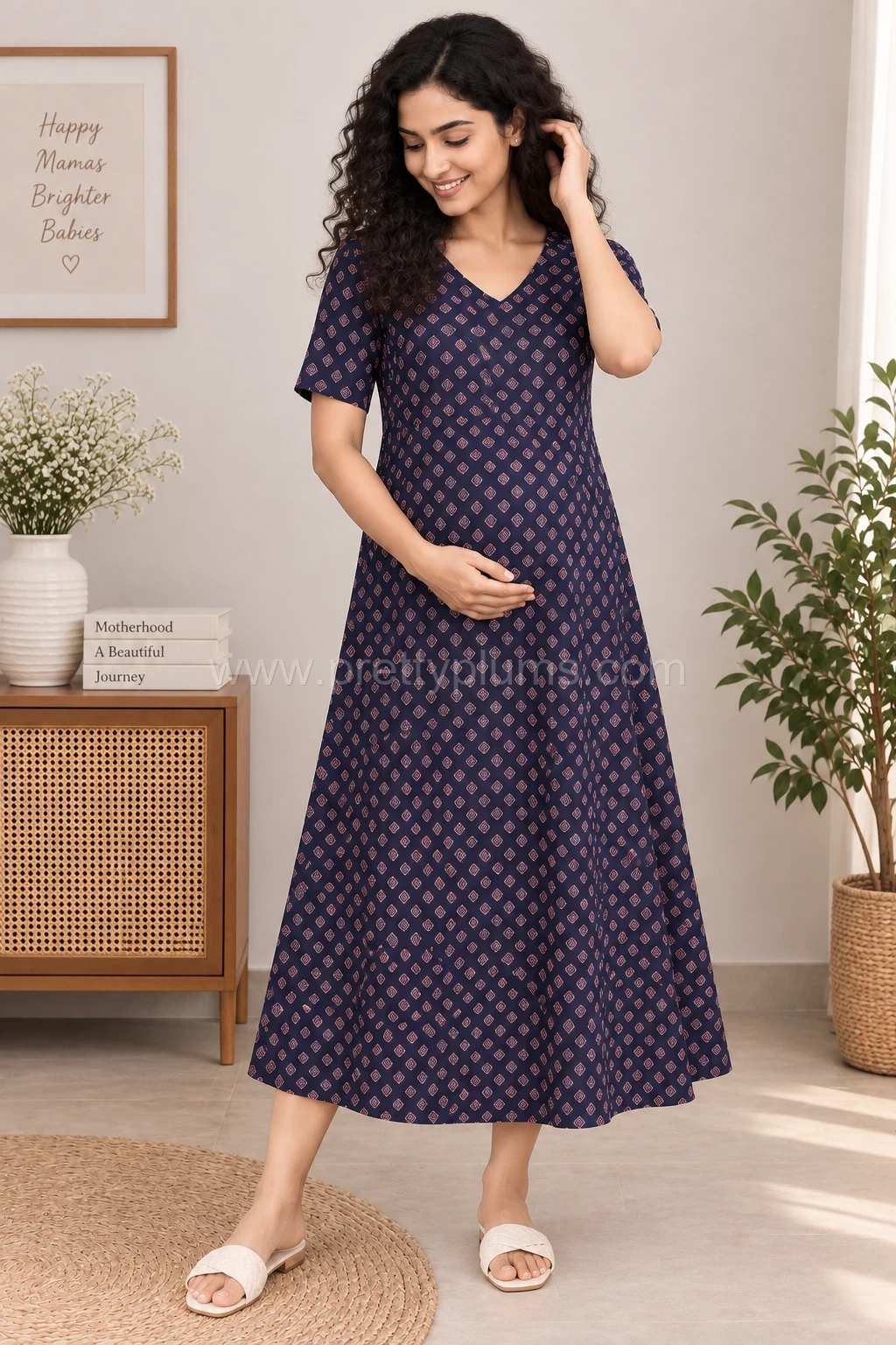 Maternity Feeding A-line Kurthy - Navy Blue Triangle Print - MFK