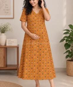 Maternity Feeding A-line Kurthy - Golden Brown Block Print - MFK