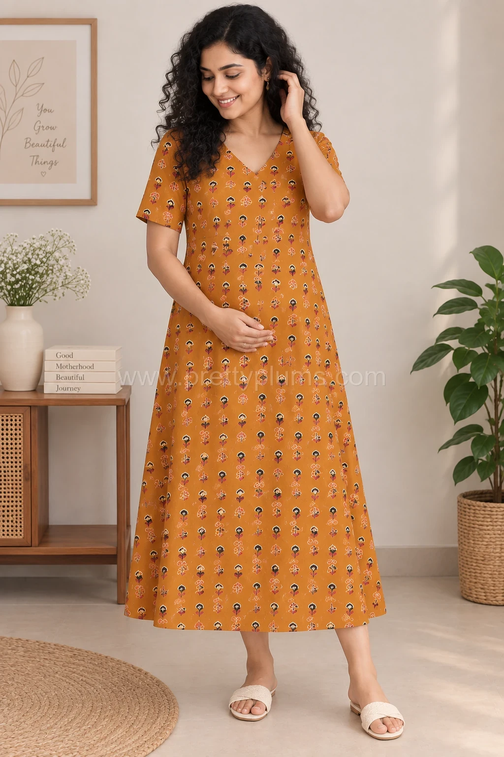 Maternity Feeding A-line Kurthy - Golden Brown Block Print - MFK