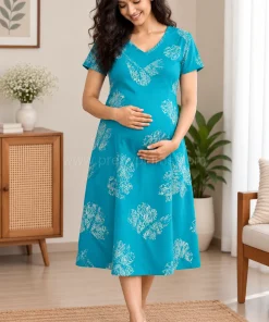 Maternity Feeding A-line Kurthy - Light Teal Green with White Print  - MFK