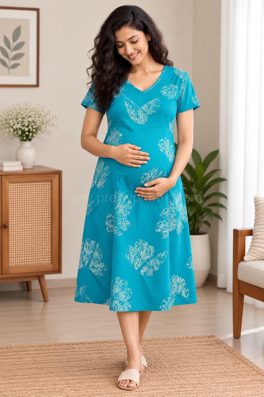Maternity Feeding A-line Kurthy - Light Teal Green with White Print - MFK