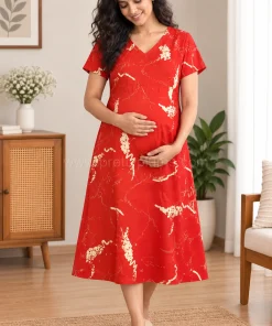 Maternity Feeding A-line Kurthy - Red with Cream Print  - MFK