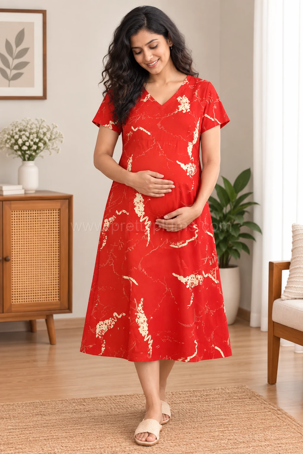 Maternity Feeding A-line Kurthy - Red with Cream Print - MFK