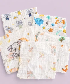 Premium Crinkled Muslin Face Towel Combo 5 (25x25cm)  Rabbit , Koala , Elephant , Animal , Unicorn - FT1
