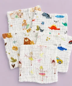 Premium Crinkled Muslin Face Towel Combo 5 (25x25cm)  Car , Dino , Bear , Dancing Girl , Duck and Teddy - FT1