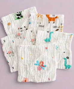 Premium Crinkled Muslin Face Towel Combo 5 (25x25cm)  Green Dino , panda , Gray Elephant , Forest Animal , Ferry Girl - FT1