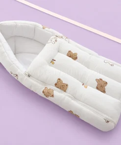 Crinkled Muslin Cotton Kangaroo Wrapper - (65x43cm) - Off White with Brown Teddy - KW1