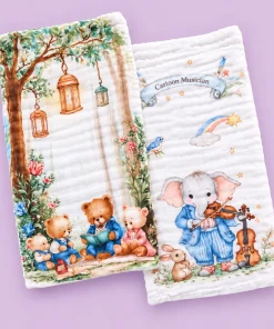 Pack of 2 Crinkled Muslin Burp / Face Towel- 25x50cm - Teddy Bears and Musician Elephant - BP1