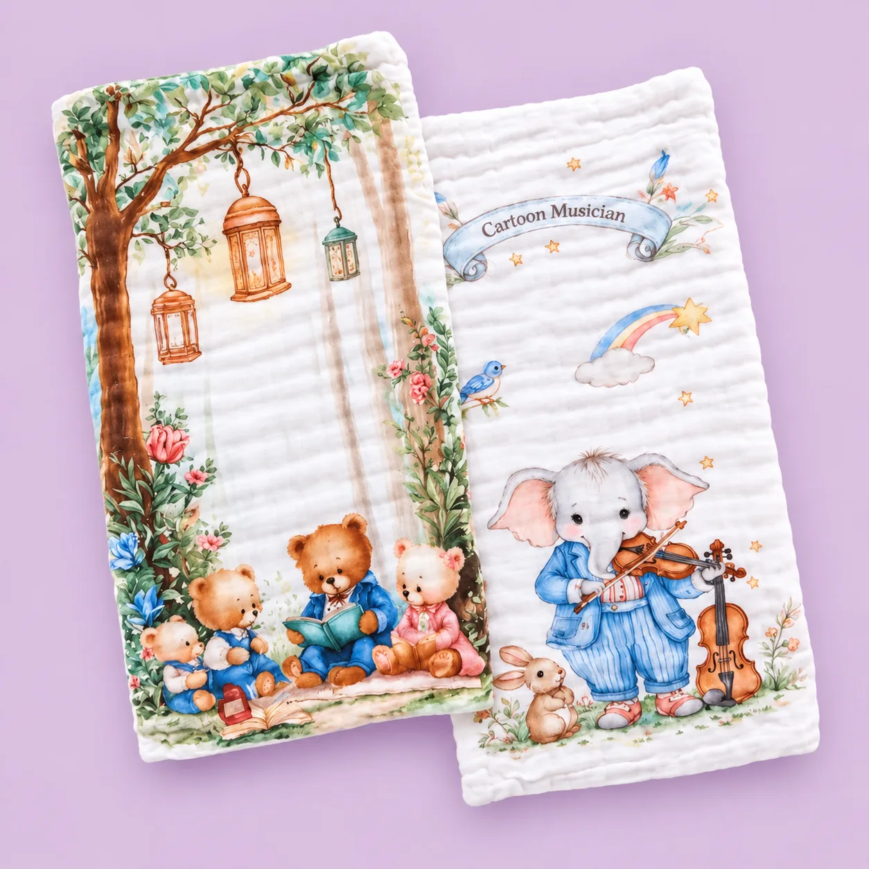 Pack of 2 Crinkled Muslin Burp / Face Towel- 25x50cm - Teddy Bears and Musician Elephant - BP1