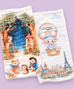 Pack of 2 Crinkled Muslin Burp / Face Towel- 25x50cm - Magic Forest at Night and Little Sheep’s Paris - BP1